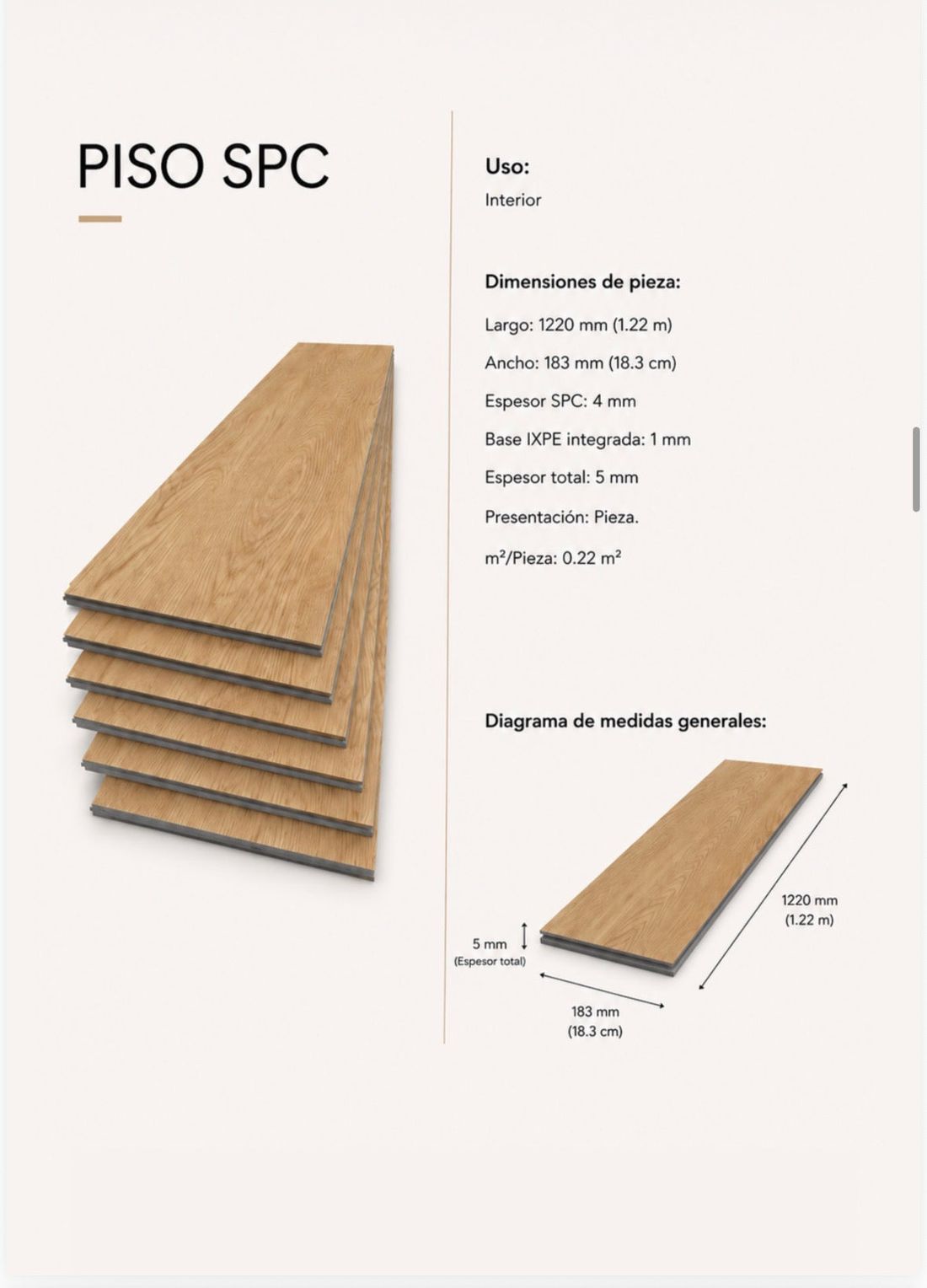 Piso SPC · 1200 × 180 × 4 mm · 0 22 m² por pieza  render conceptual HAKÛ