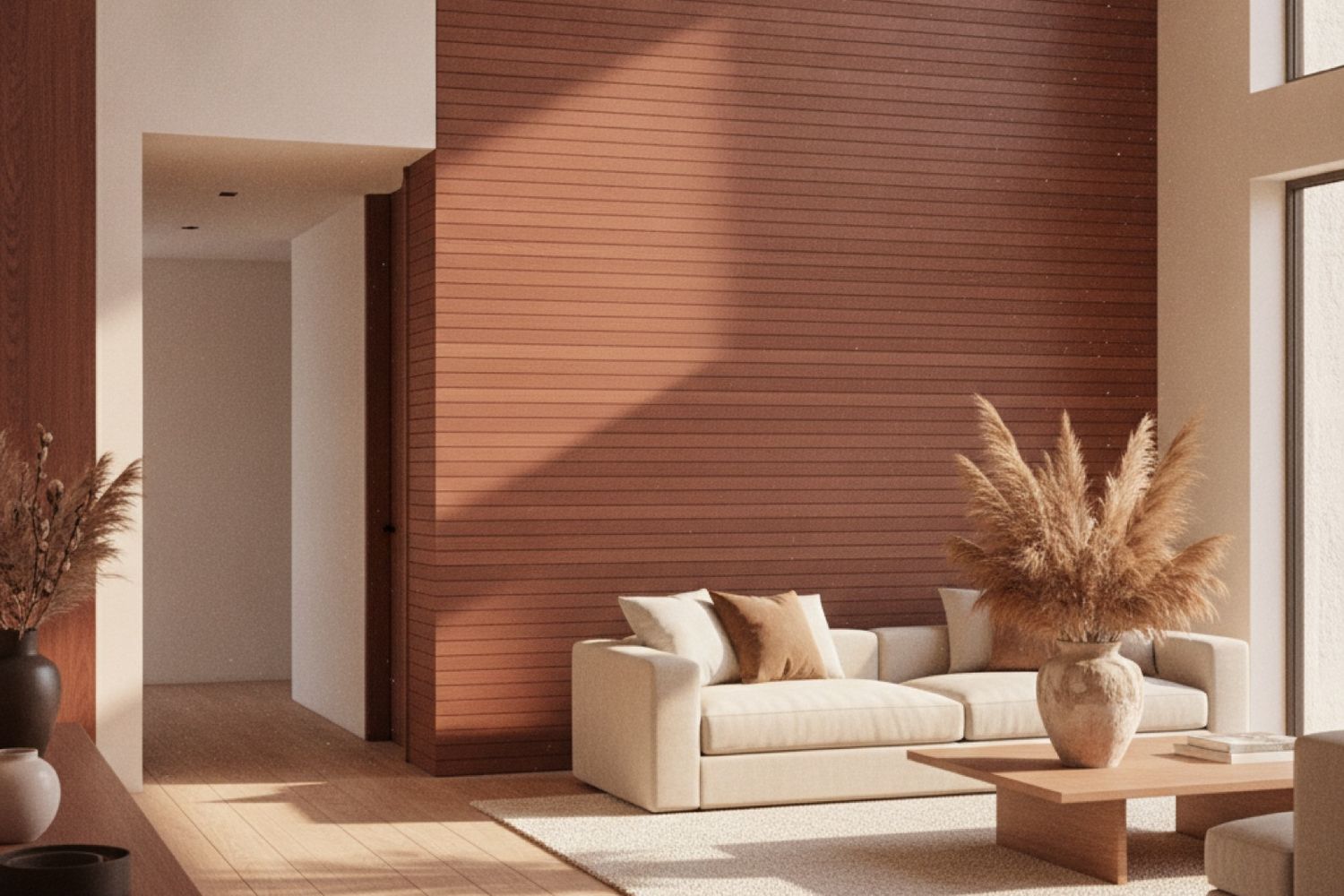 Sala con muro completo de lambrín, render conceptual HAKÛ