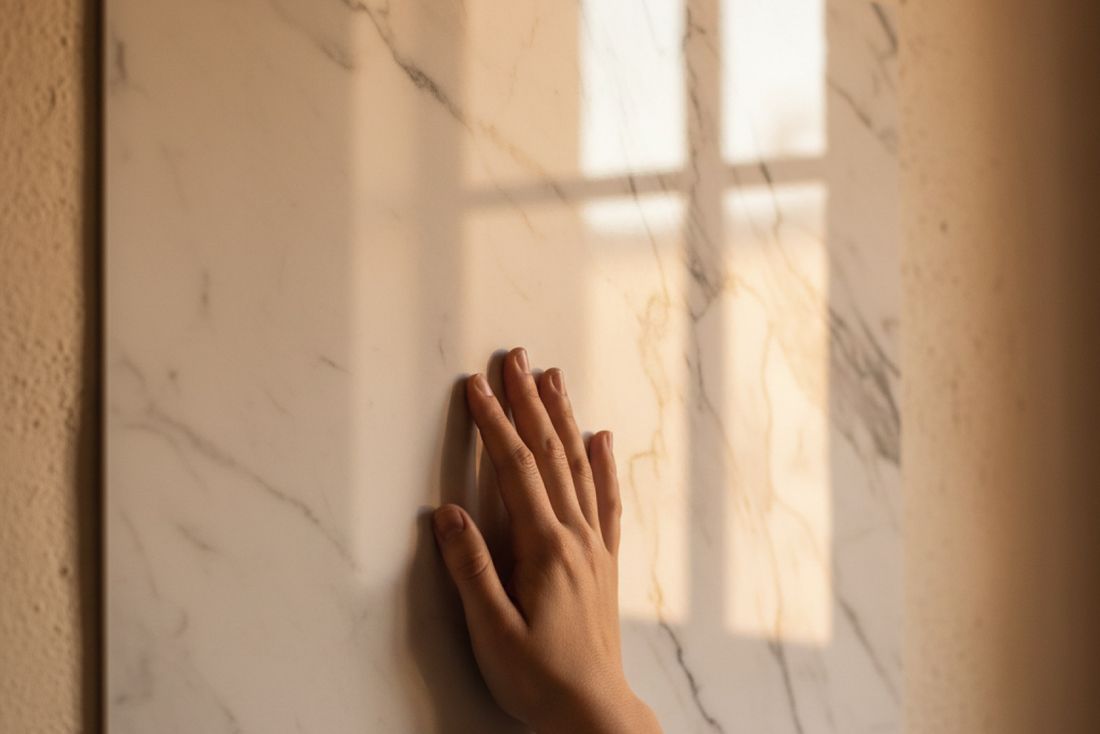 Mano sobre hoja tipo mármol, render conceptual HAKÛ