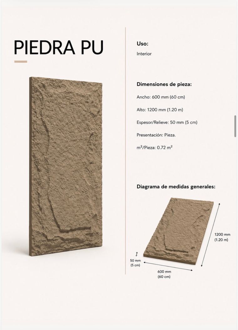 Piedra PU · 600 × 300 mm, pieza y diagrama
