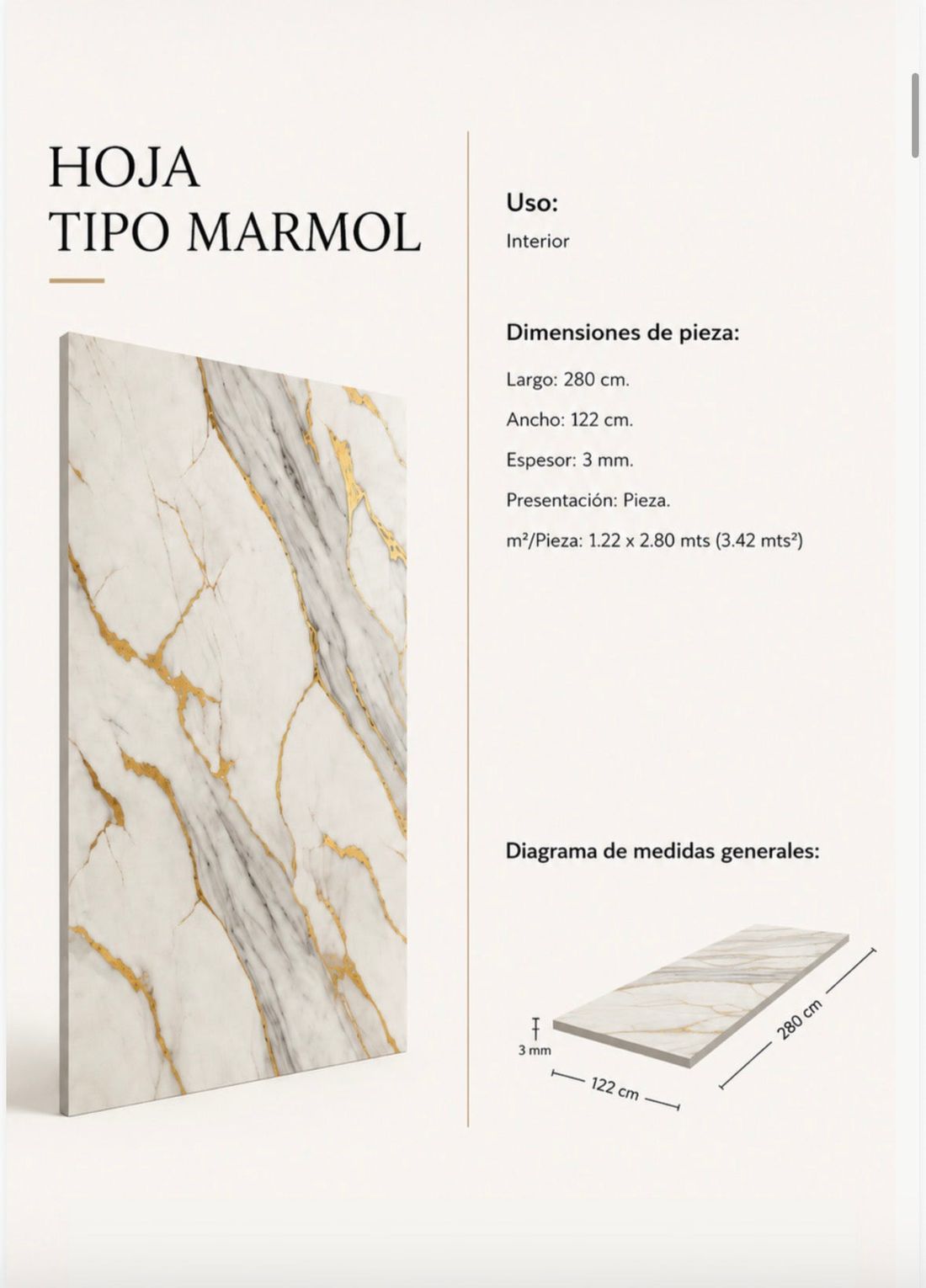 Hoja tipo mármol · 2 80 × 1 22 m × 3 mm · 3 42 m² por hoja  render conceptual HAKÛ