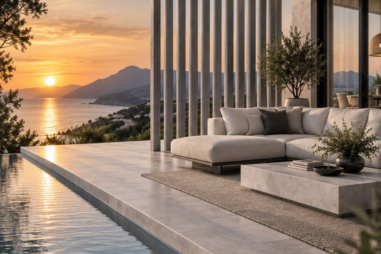 Terraza con alberca infinita al atardecer, imagen del catálogo HAKÛ