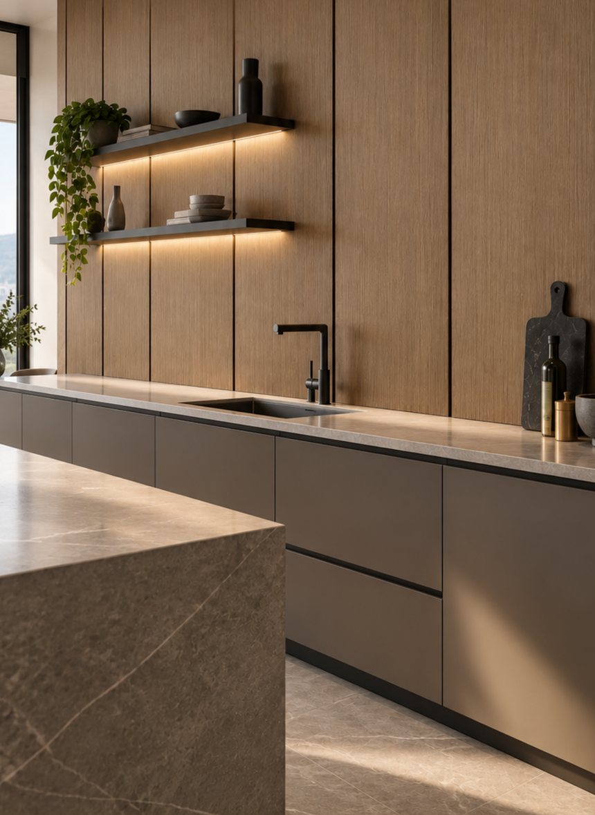 Cocina con muro de wall panel y barra de mármol