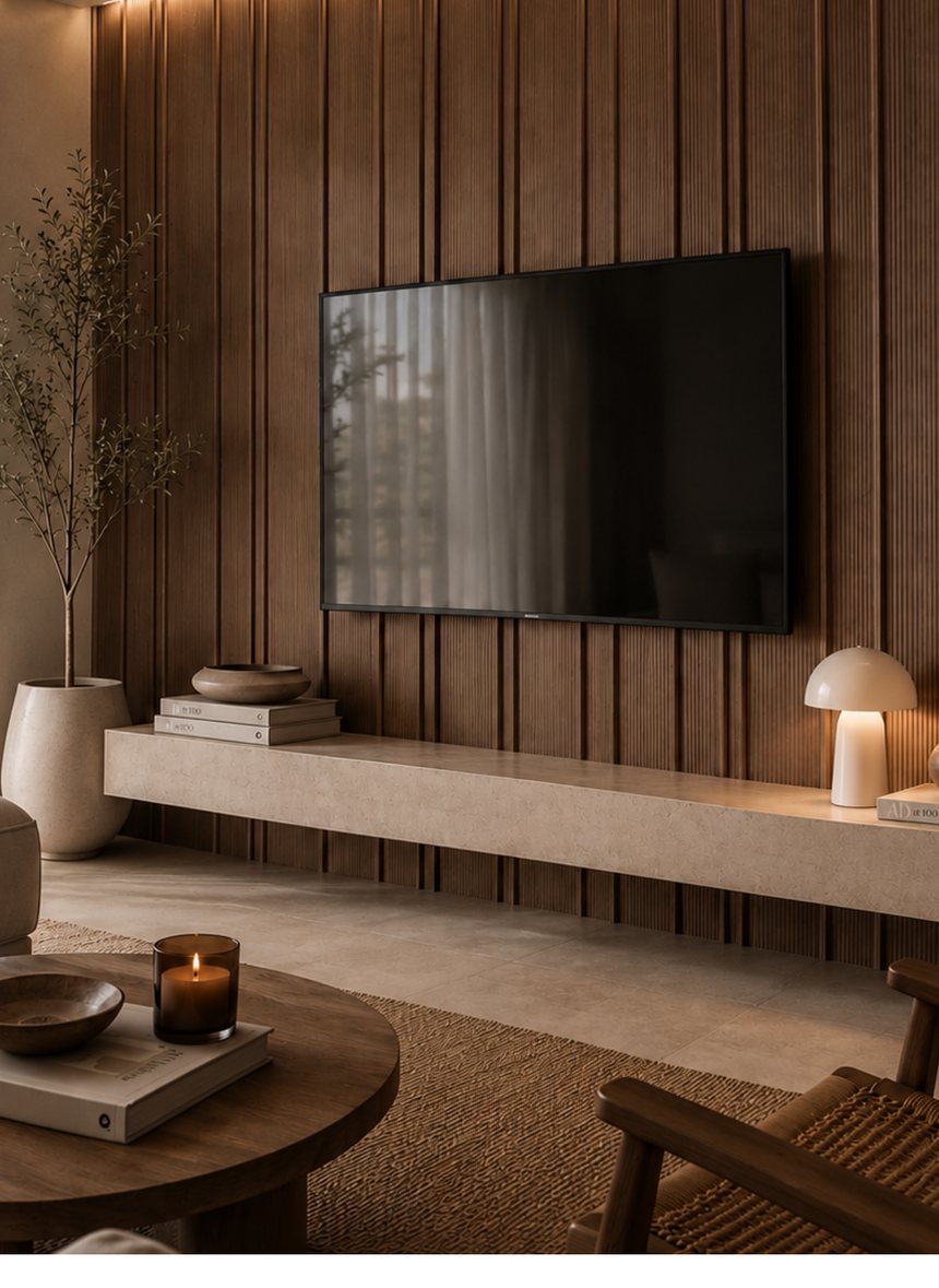Sala con muro de wall panel y televisión
