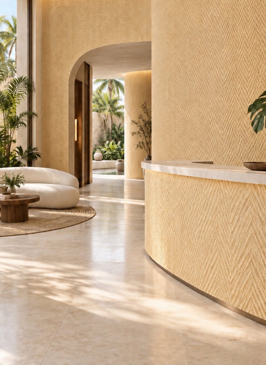 Lobby curvo de hotel con muro texturizado y recepción