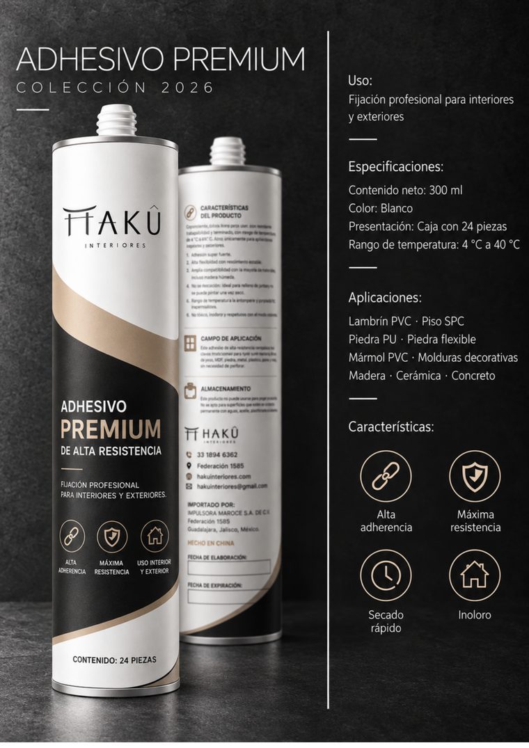 Cartucho del adhesivo premium HAKÛ con sus especificaciones, lámina 73 del catálogo HAKÛ 2026