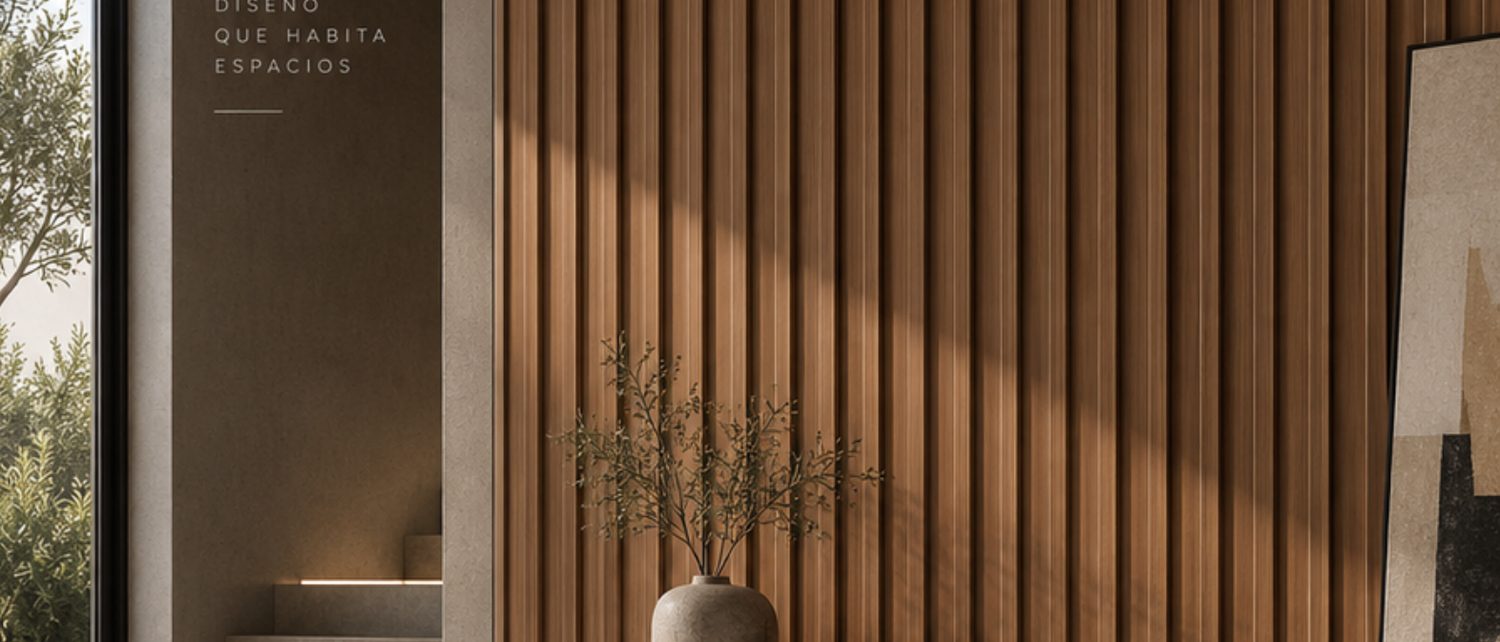 Muro acanalado de madera en un vestíbulo, lámina del catálogo HAKÛ 2026