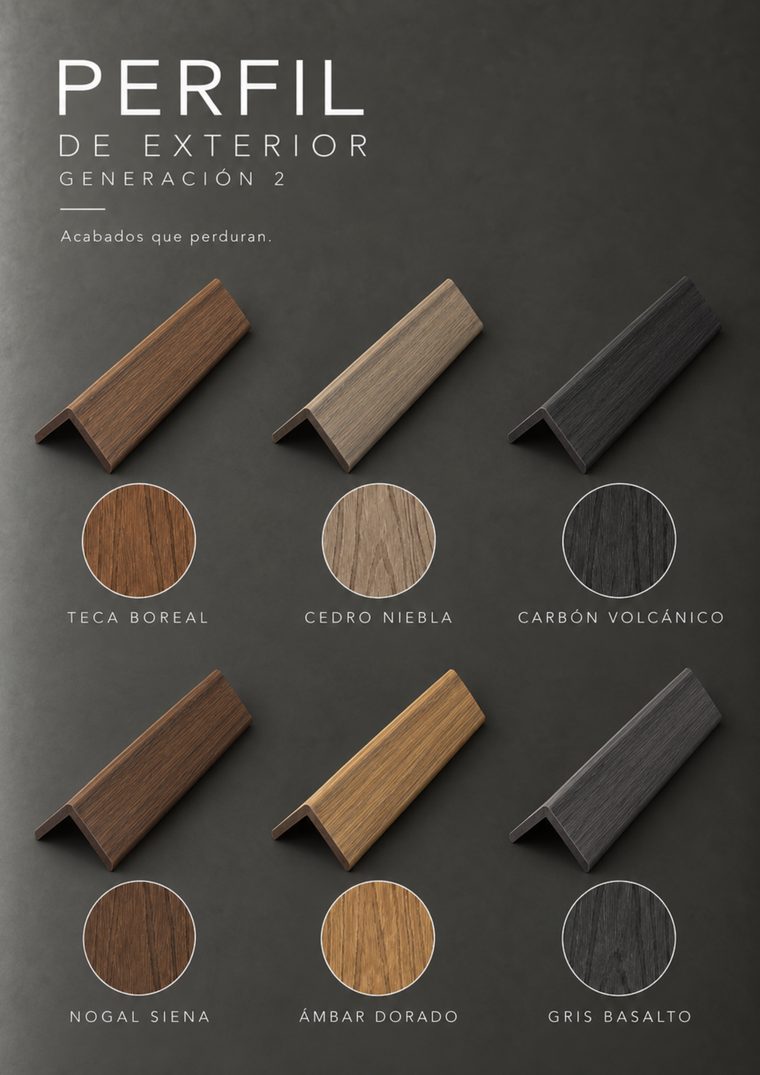 Los seis acabados del perfil de exterior generación 2, lámina 65 del catálogo HAKÛ 2026