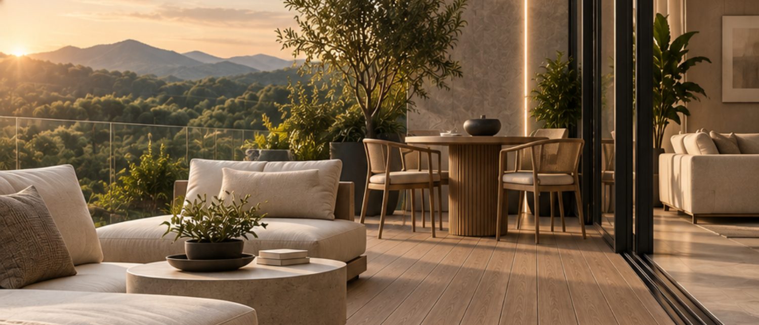 Terraza con deck de madera al atardecer, lámina del catálogo HAKÛ 2026