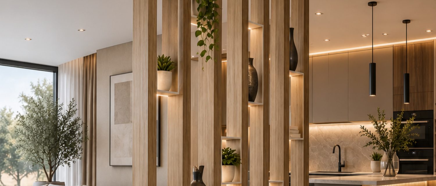 Vigas de madera dividiendo una sala, lámina del catálogo HAKÛ 2026